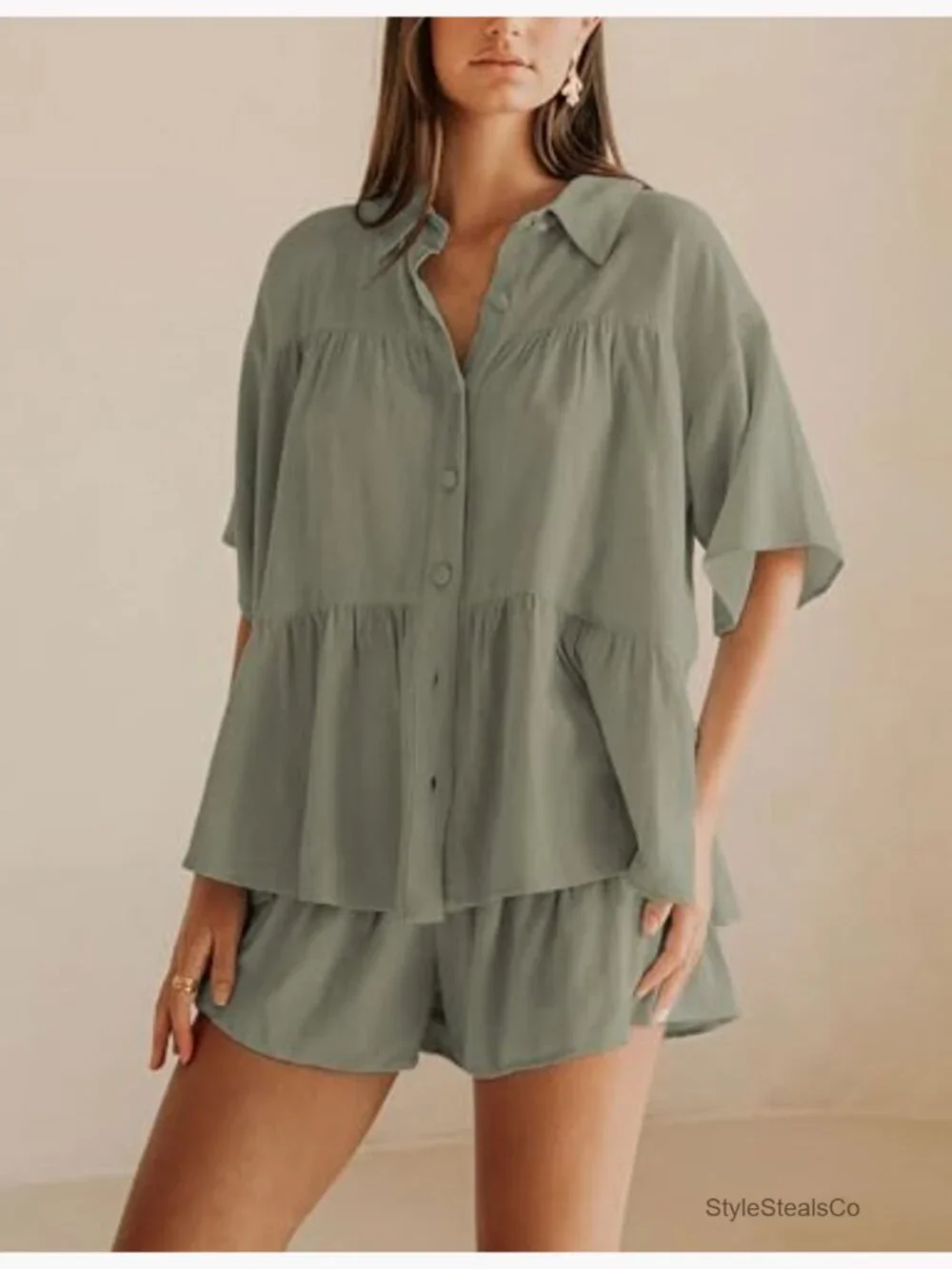 Ruffled Shirt and High Waist Shorts Matching Set Summer